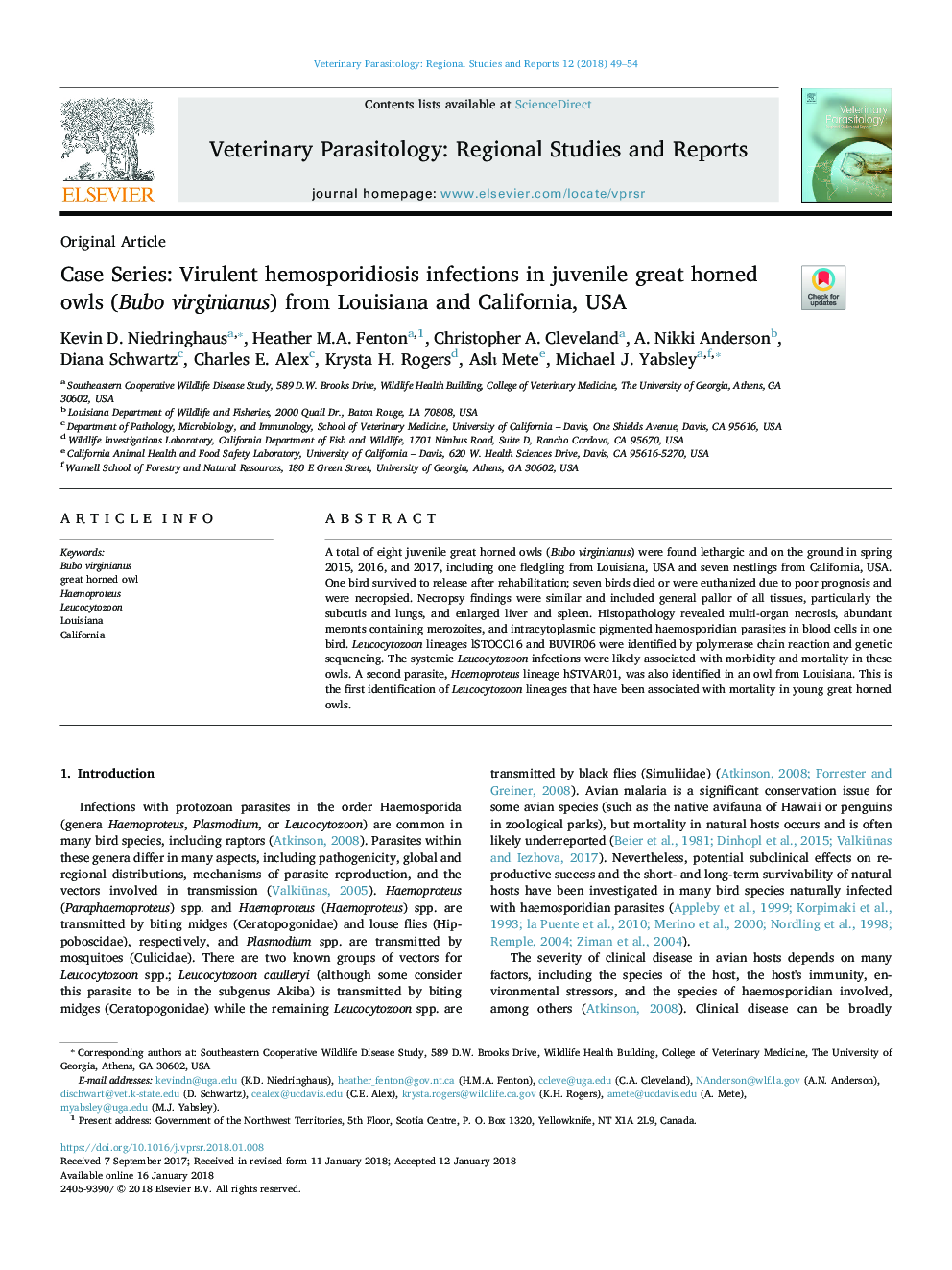 Case Series: Virulent hemosporidiosis infections in juvenile great horned owls (Bubo virginianus) from Louisiana and California, USA