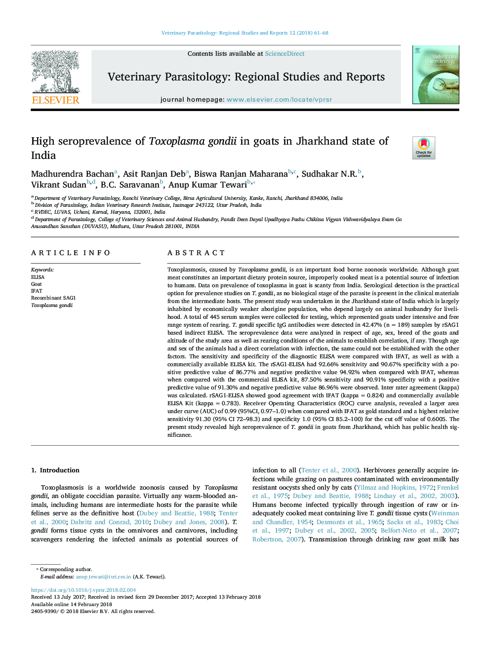 High seroprevalence of Toxoplasma gondii in goats in Jharkhand state of India