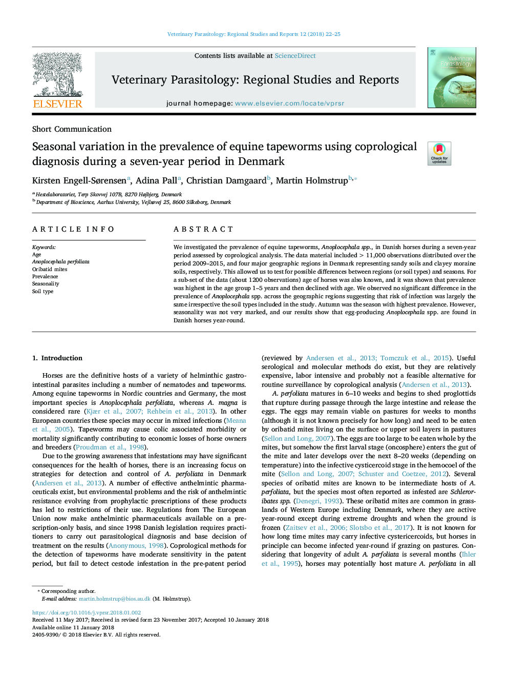 Seasonal variation in the prevalence of equine tapeworms using coprological diagnosis during a seven-year period in Denmark