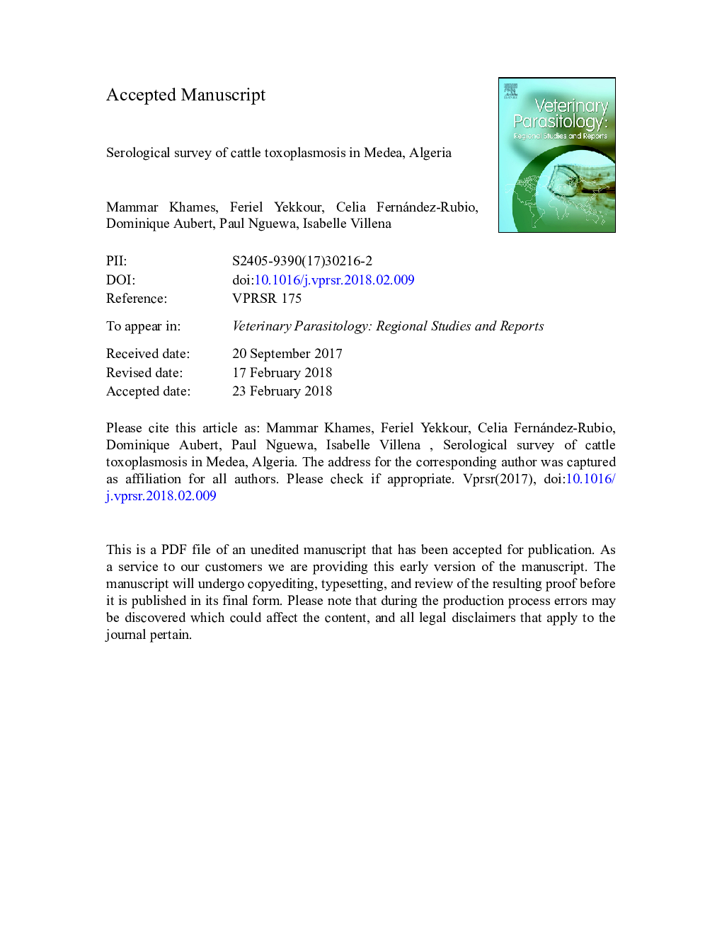 Serological survey of cattle toxoplasmosis in Medea, Algeria