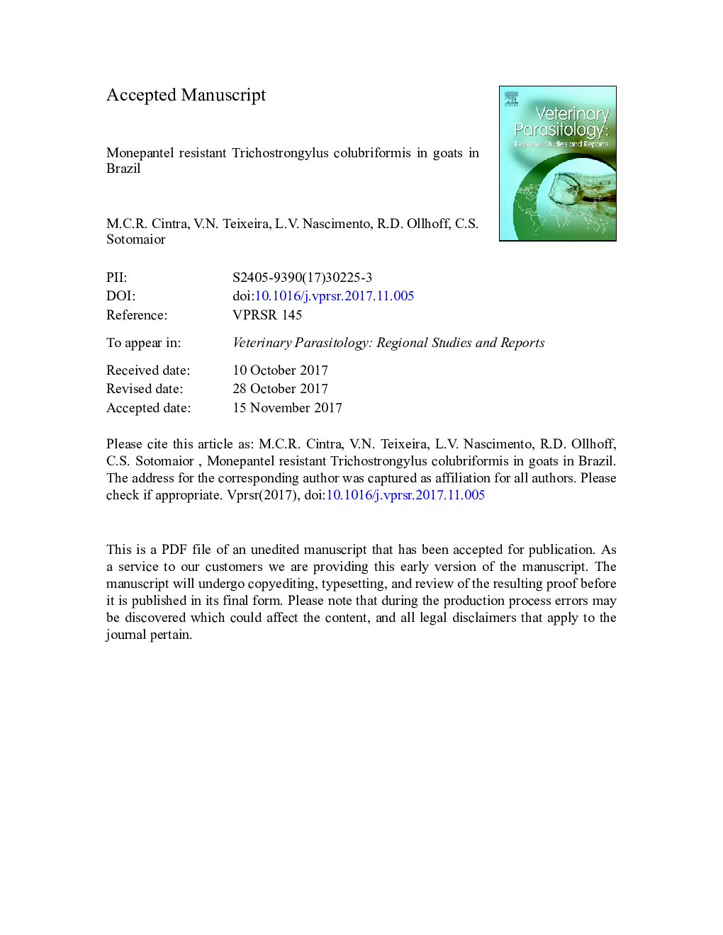 Monepantel resistant Trichostrongylus colubriformis in goats in Brazil