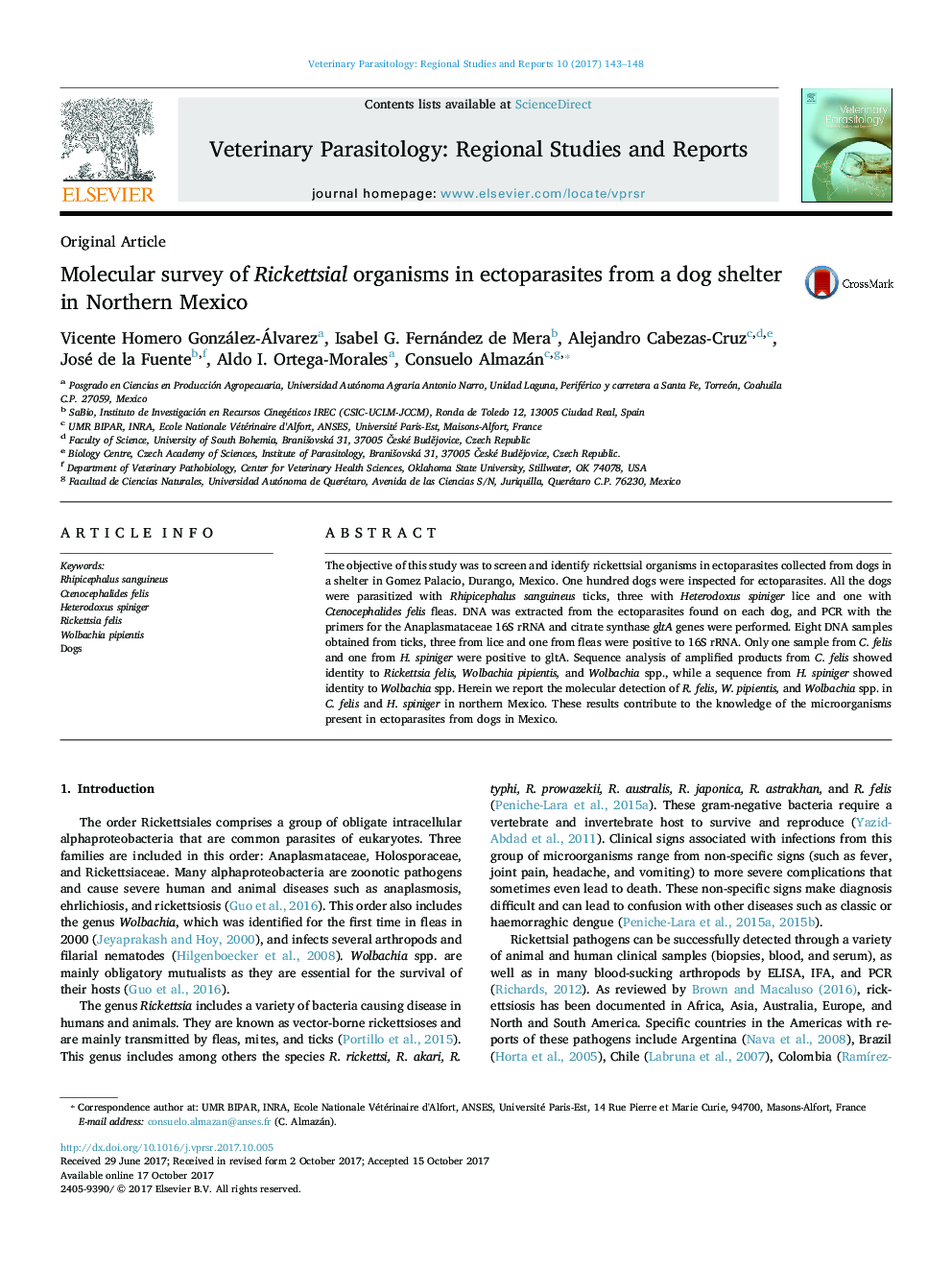 Molecular survey of Rickettsial organisms in ectoparasites from a dog shelter in Northern Mexico