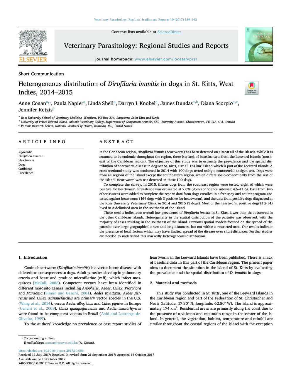 Heterogeneous distribution of Dirofilaria immitis in dogs in St. Kitts, West Indies, 2014-2015