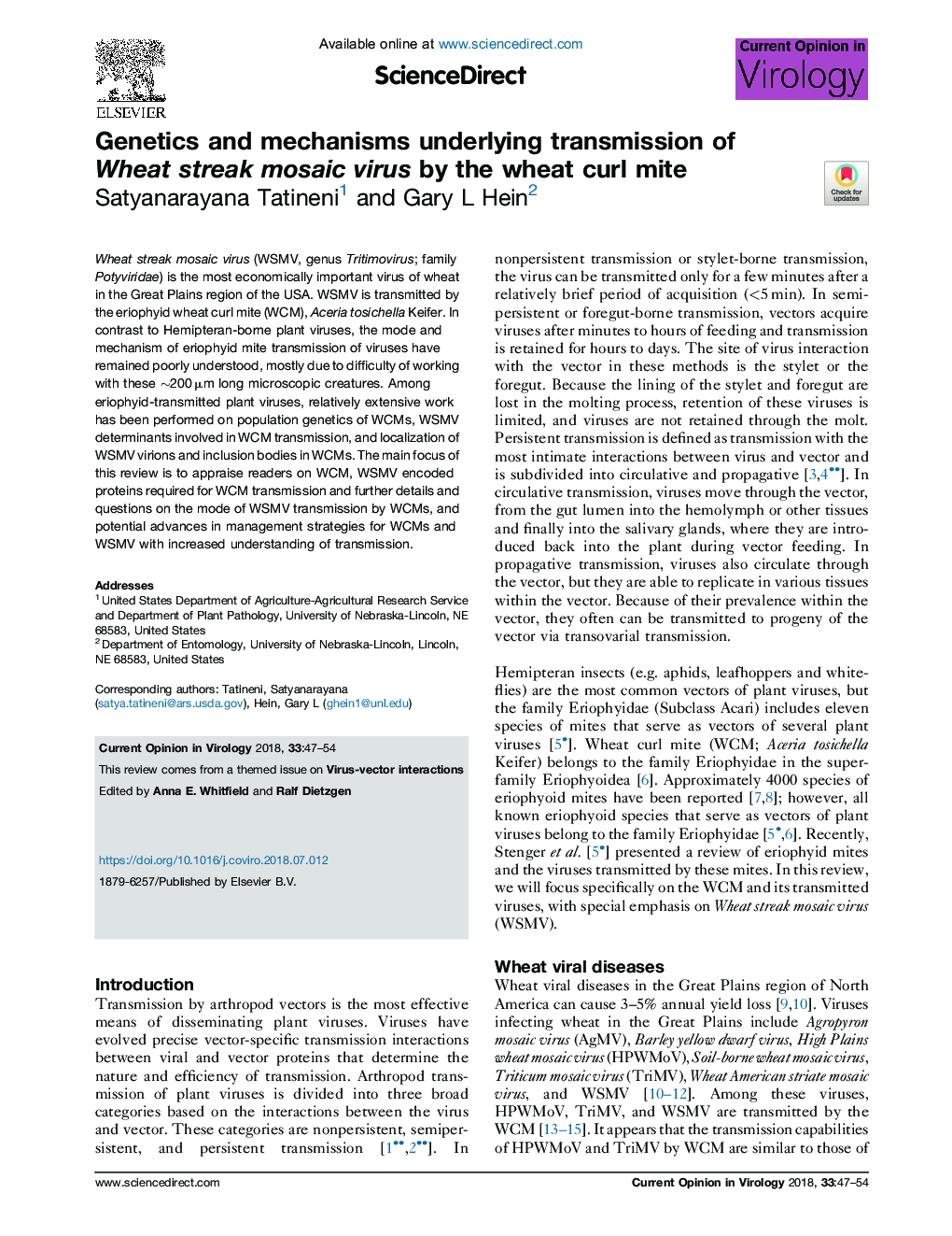 Genetics and mechanisms underlying transmission of Wheat streak mosaic virus by the wheat curl mite