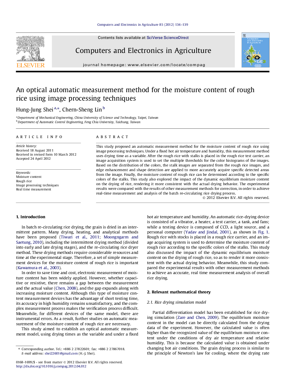 An optical automatic measurement method for the moisture content of rough rice using image processing techniques