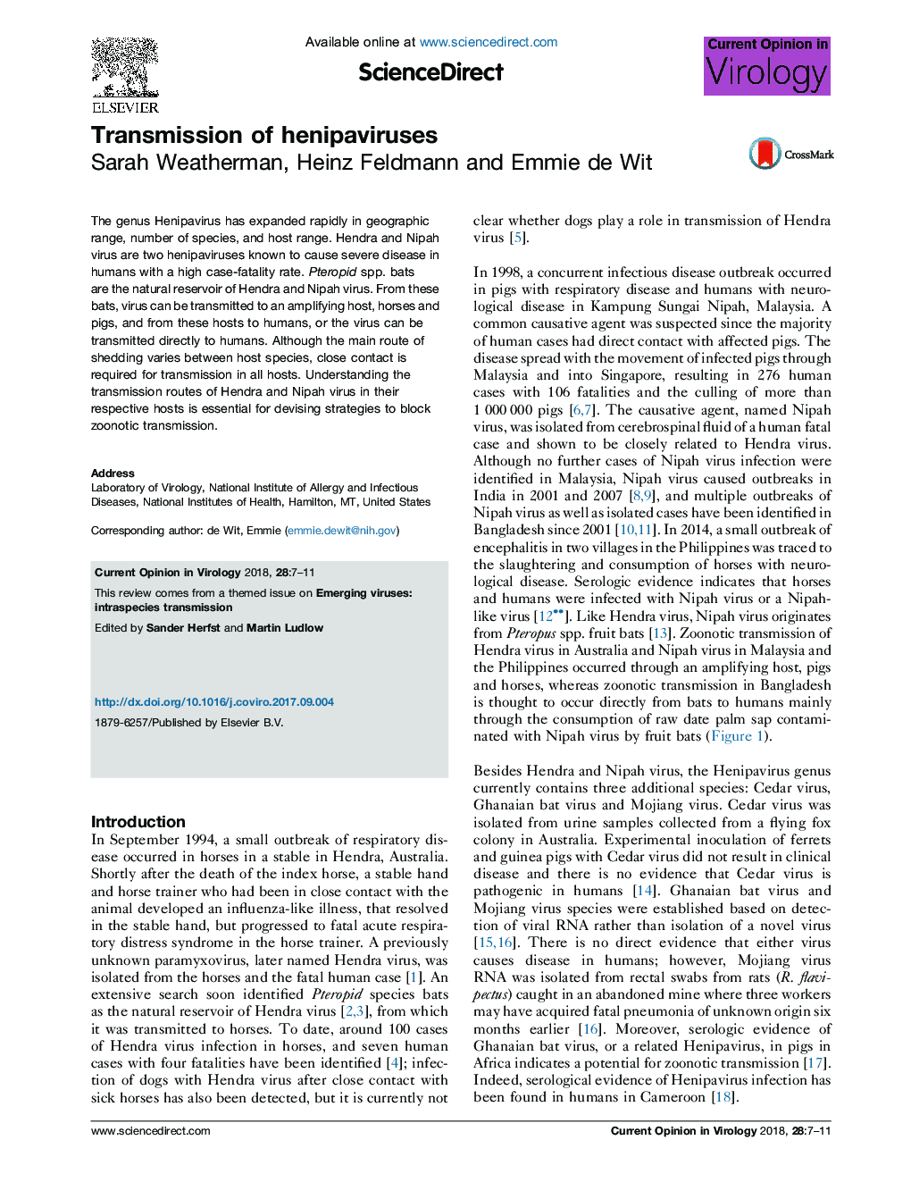 Transmission of henipaviruses