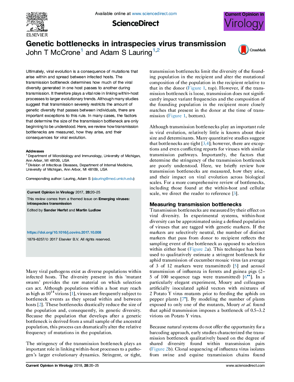 Genetic bottlenecks in intraspecies virus transmission