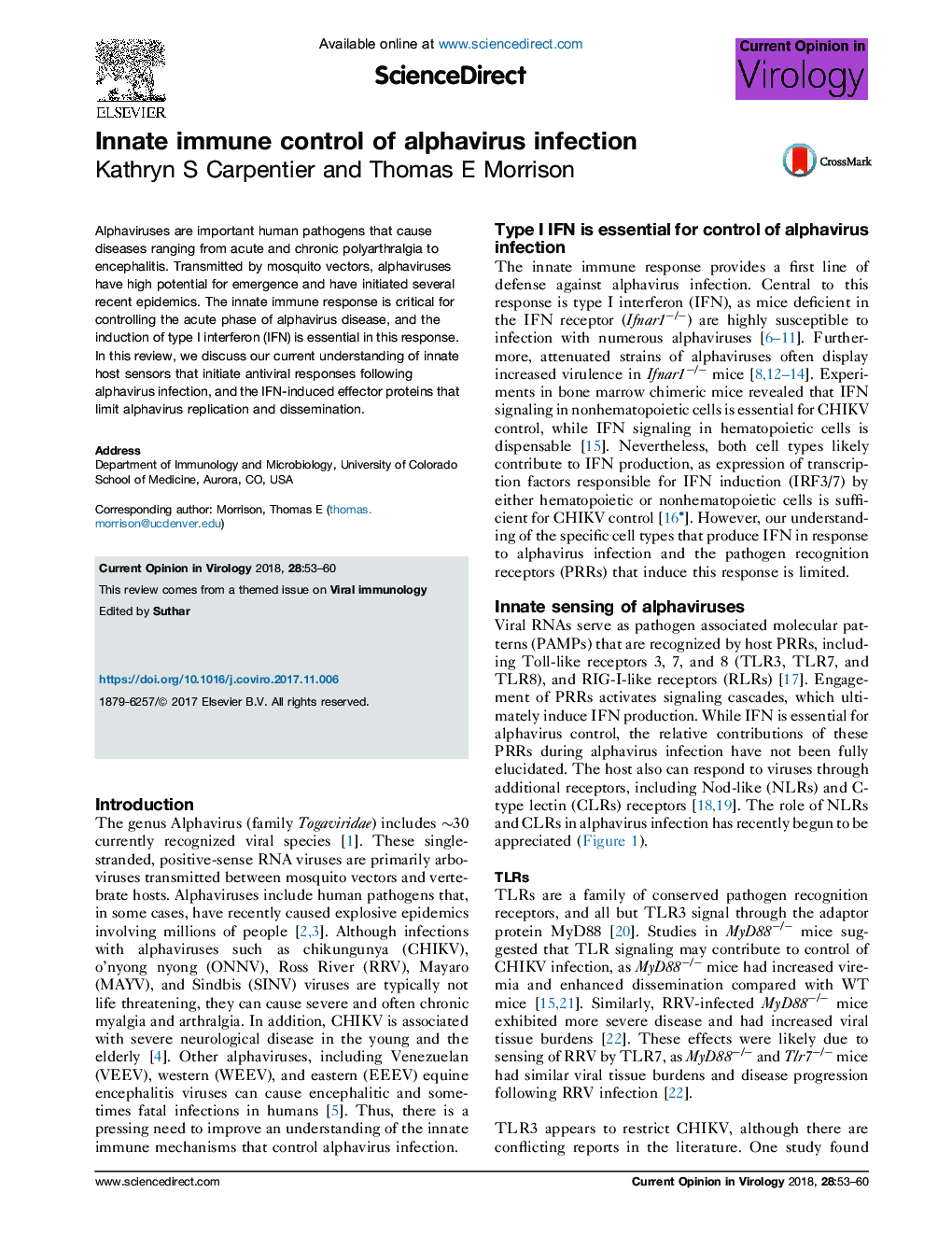 Innate immune control of alphavirus infection