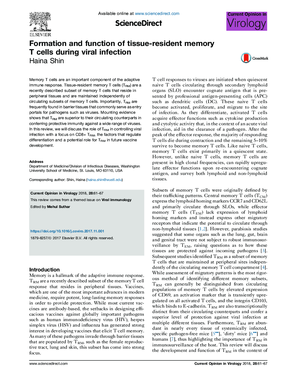 Formation and function of tissue-resident memory T cells during viral infection