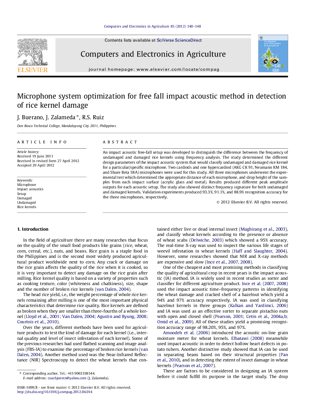 Microphone system optimization for free fall impact acoustic method in detection of rice kernel damage