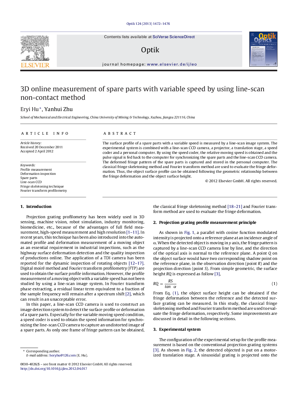 3D online measurement of spare parts with variable speed by using line-scan non-contact method