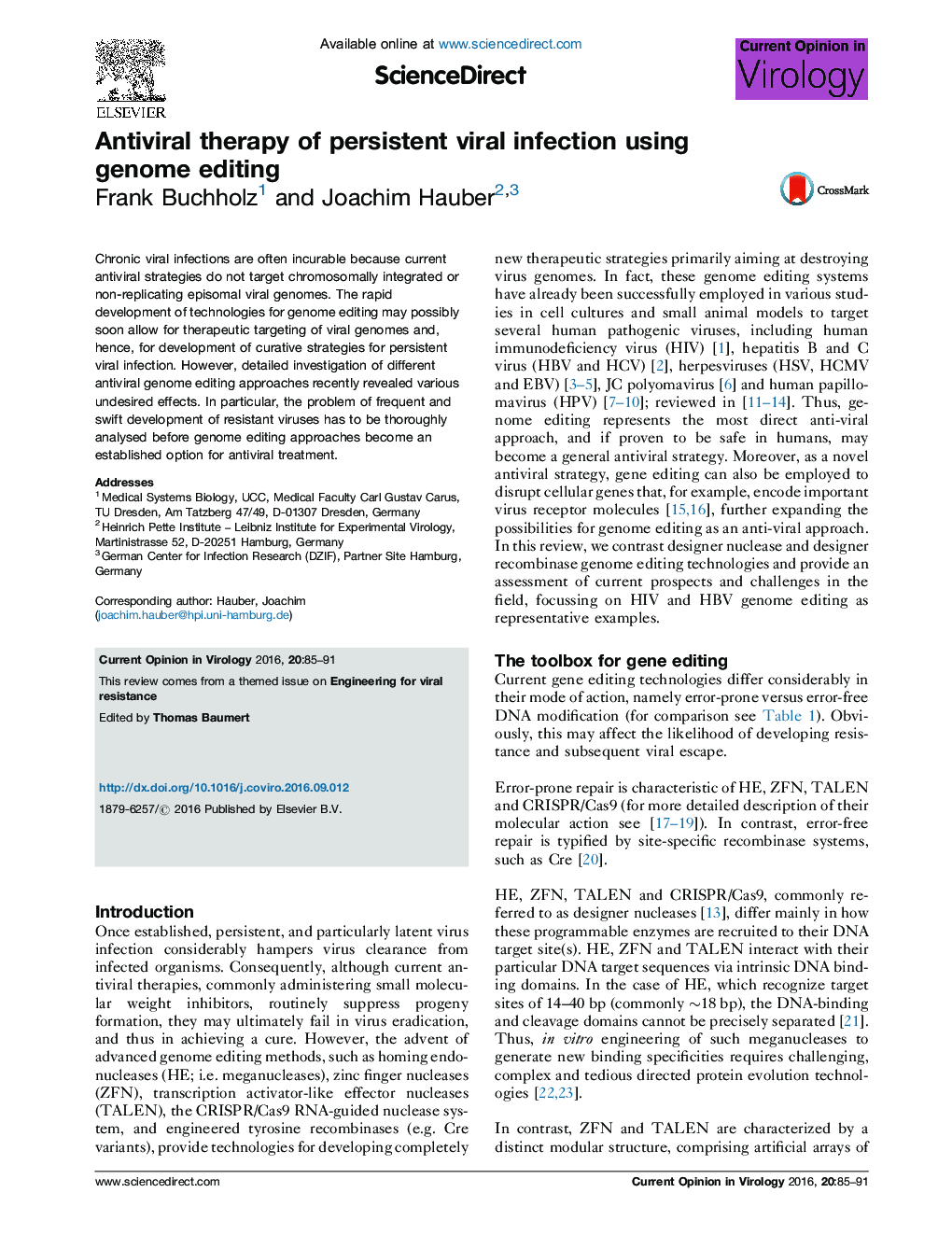 Antiviral therapy of persistent viral infection using genome editing