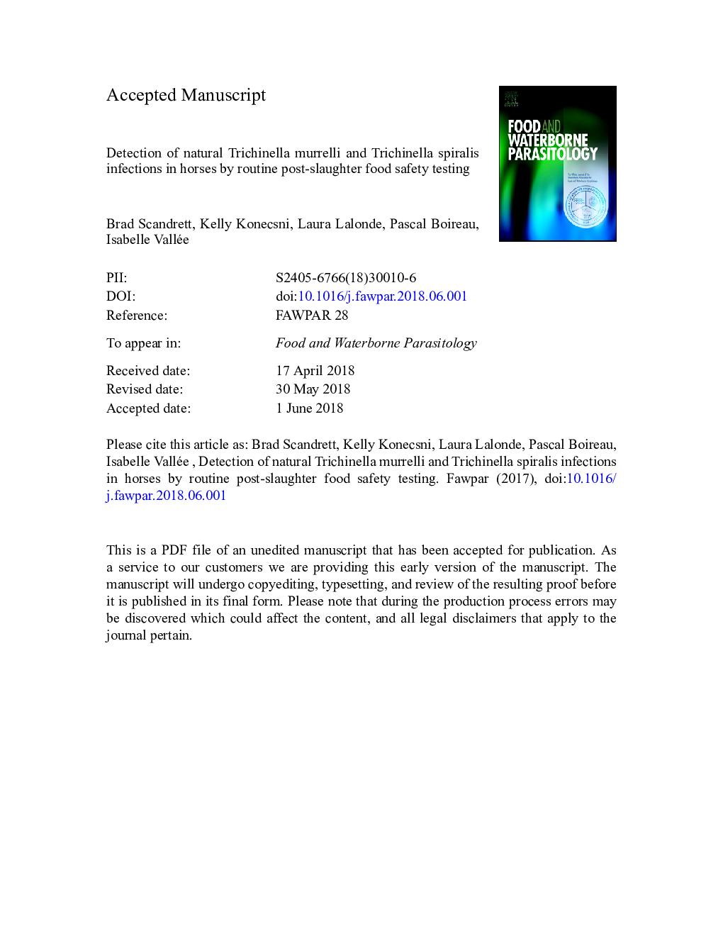 Detection of natural Trichinella murrelli and Trichinella spiralis infections in horses by routine post-slaughter food safety testing