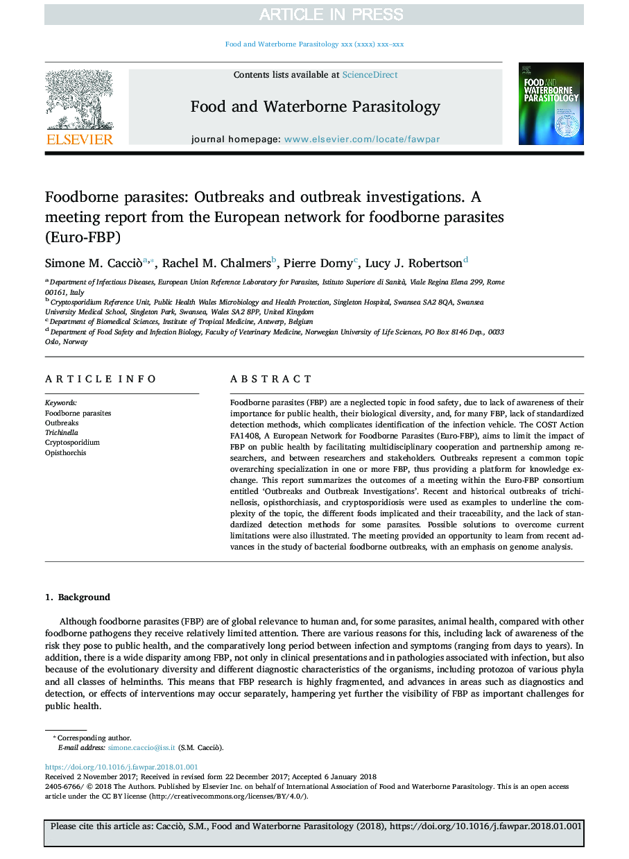 Foodborne parasites: Outbreaks and outbreak investigations. A meeting report from the European network for foodborne parasites (Euro-FBP)