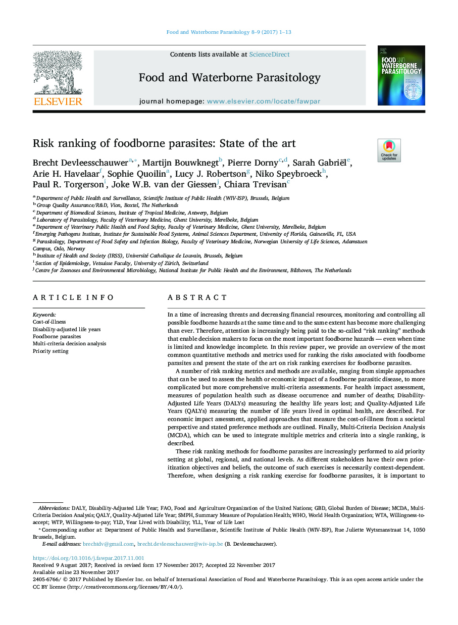 Risk ranking of foodborne parasites: State of the art