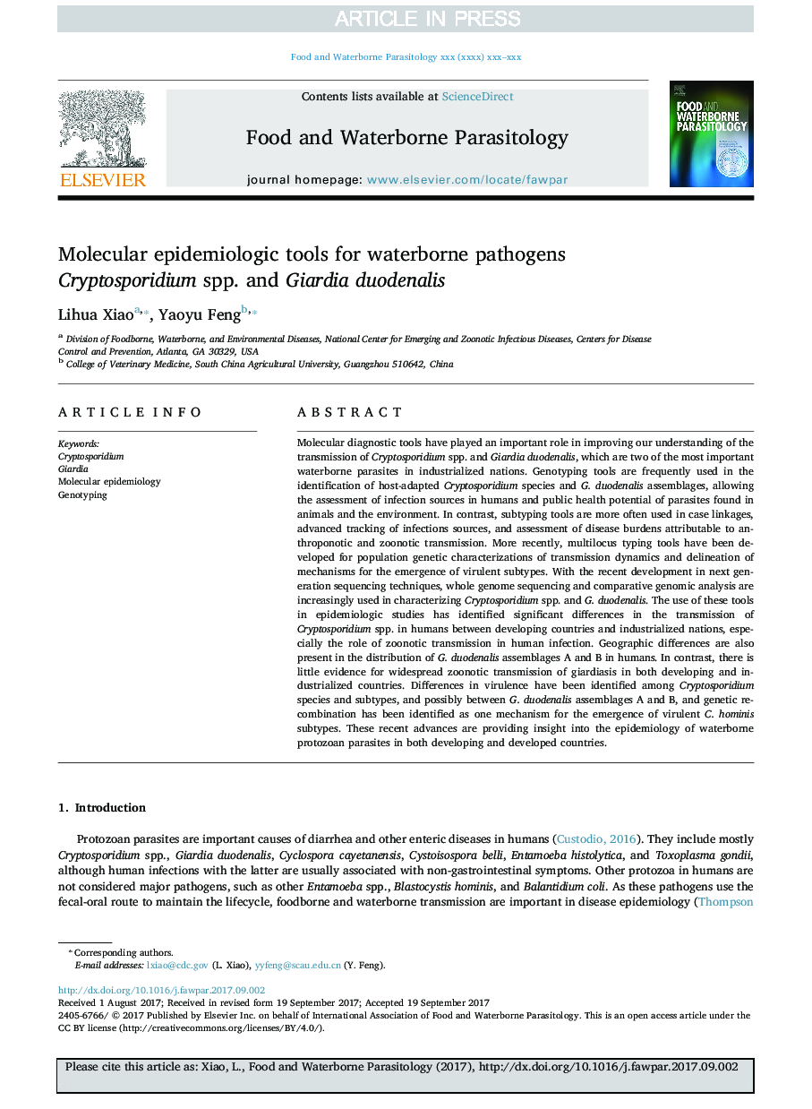 Molecular epidemiologic tools for waterborne pathogens Cryptosporidium spp. and Giardia duodenalis