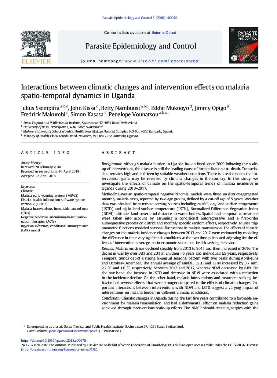 Interactions between climatic changes and intervention effects on malaria spatio-temporal dynamics in Uganda