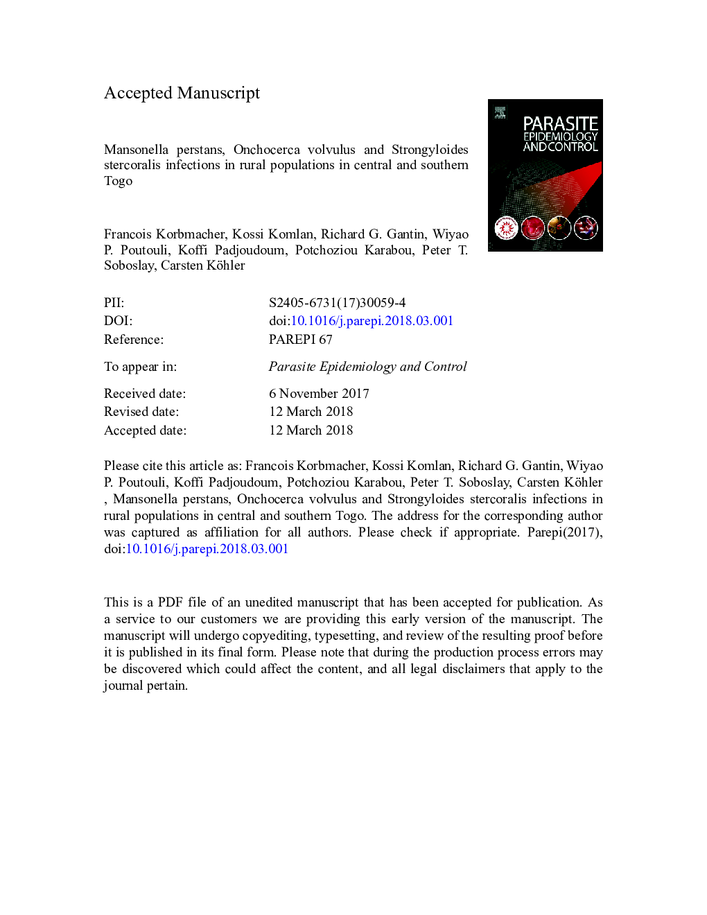 Mansonella perstans, Onchocerca volvulus and Strongyloides stercoralis infections in rural populations in central and southern Togo