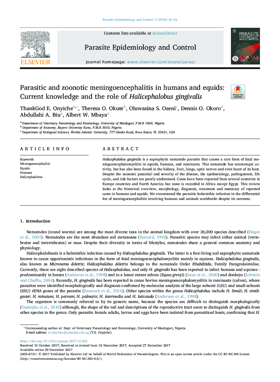 Parasitic and zoonotic meningoencephalitis in humans and equids: Current knowledge and the role of Halicephalobus gingivalis