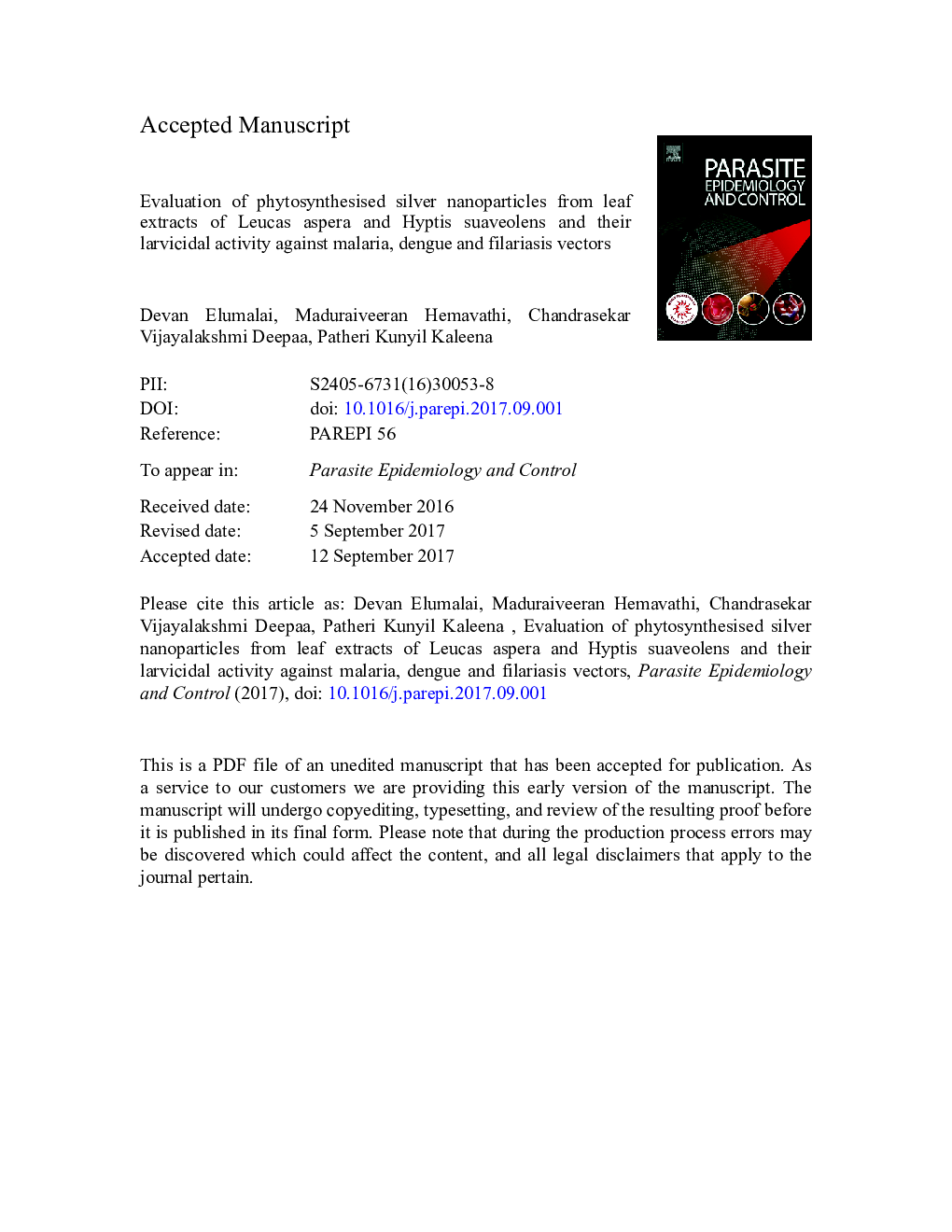 Evaluation of phytosynthesised silver nanoparticles from leaf extracts of Leucas aspera and Hyptis suaveolens and their larvicidal activity against malaria, dengue and filariasis vectors