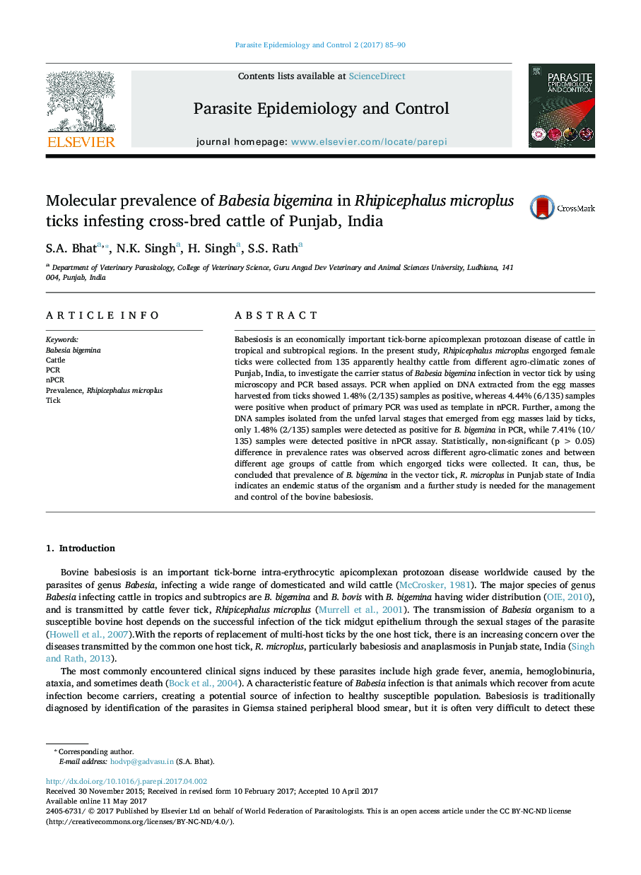 Molecular prevalence of Babesia bigemina in Rhipicephalus microplus ticks infesting cross-bred cattle of Punjab, India