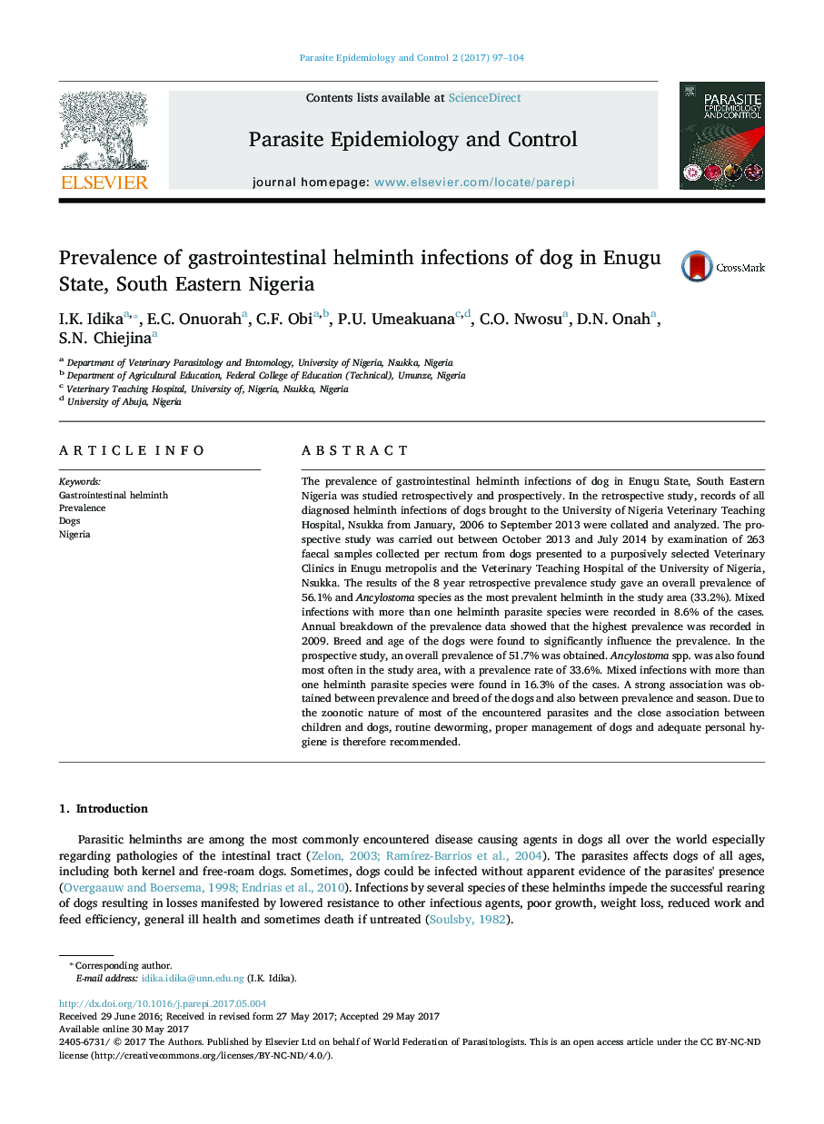 Prevalence of gastrointestinal helminth infections of dog in Enugu State, South Eastern Nigeria