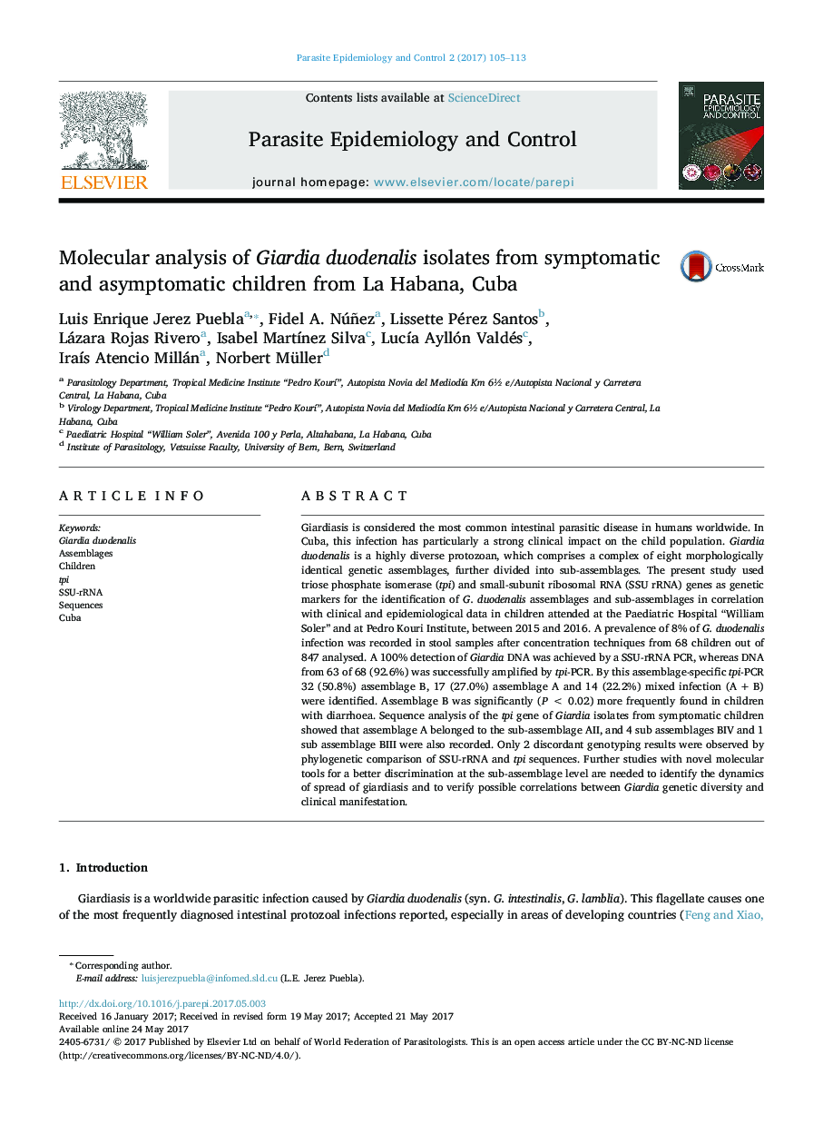 Molecular analysis of Giardia duodenalis isolates from symptomatic and asymptomatic children from La Habana, Cuba