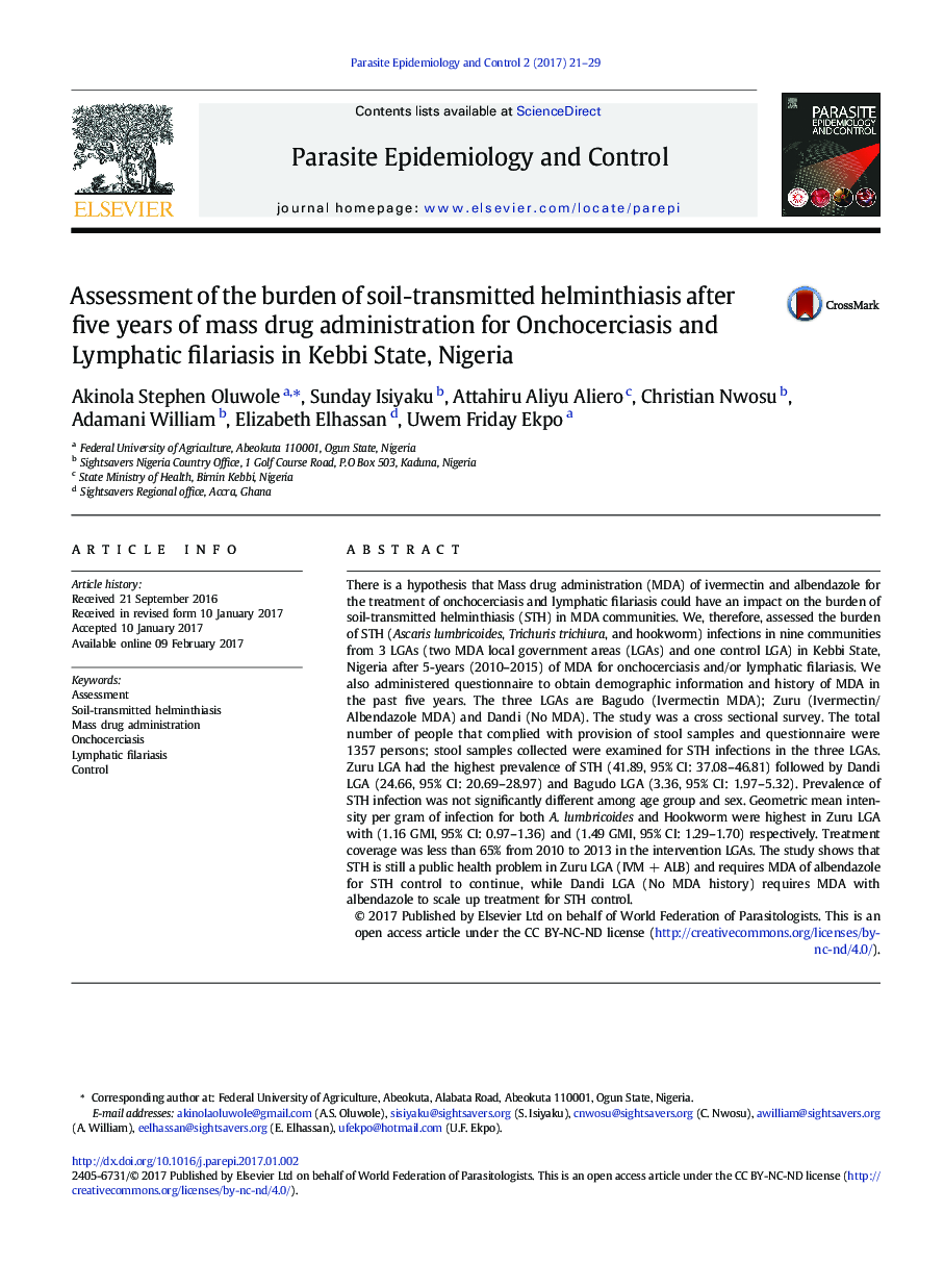 Assessment of the burden of soil-transmitted helminthiasis after five years of mass drug administration for Onchocerciasis and Lymphatic filariasis in Kebbi State, Nigeria