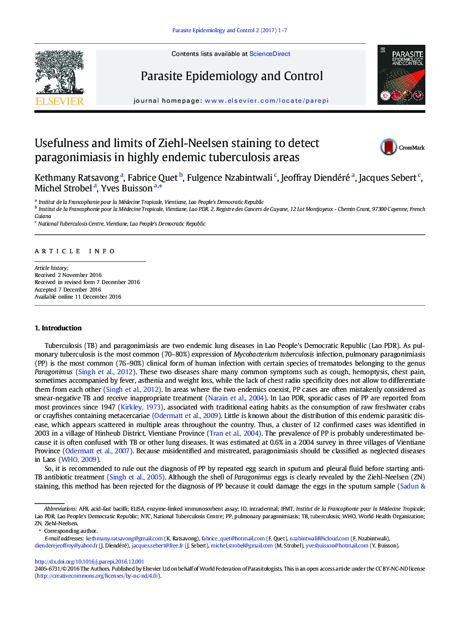 Usefulness and limits of Ziehl-Neelsen staining to detect paragonimiasis in highly endemic tuberculosis areas