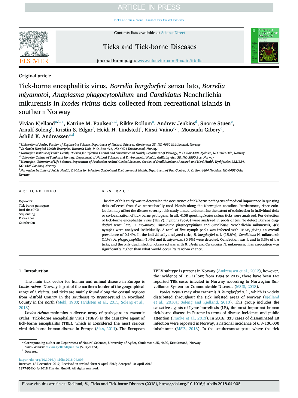 Tick-borne encephalitis virus, Borrelia burgdorferi sensu lato, Borrelia miyamotoi, Anaplasma phagocytophilum and Candidatus Neoehrlichia mikurensis in Ixodes ricinus ticks collected from recreational islands in southern Norway