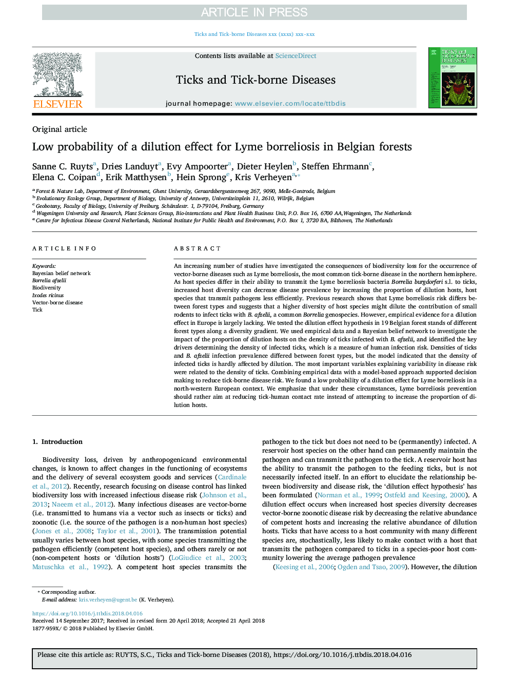 Low probability of a dilution effect for Lyme borreliosis in Belgian forests