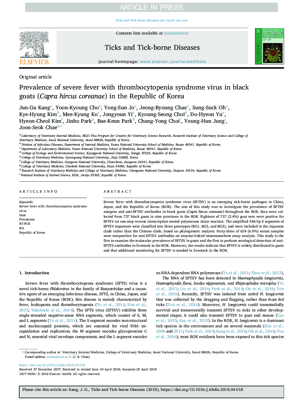 Prevalence of severe fever with thrombocytopenia syndrome virus in black goats (Capra hircus coreanae) in the Republic of Korea