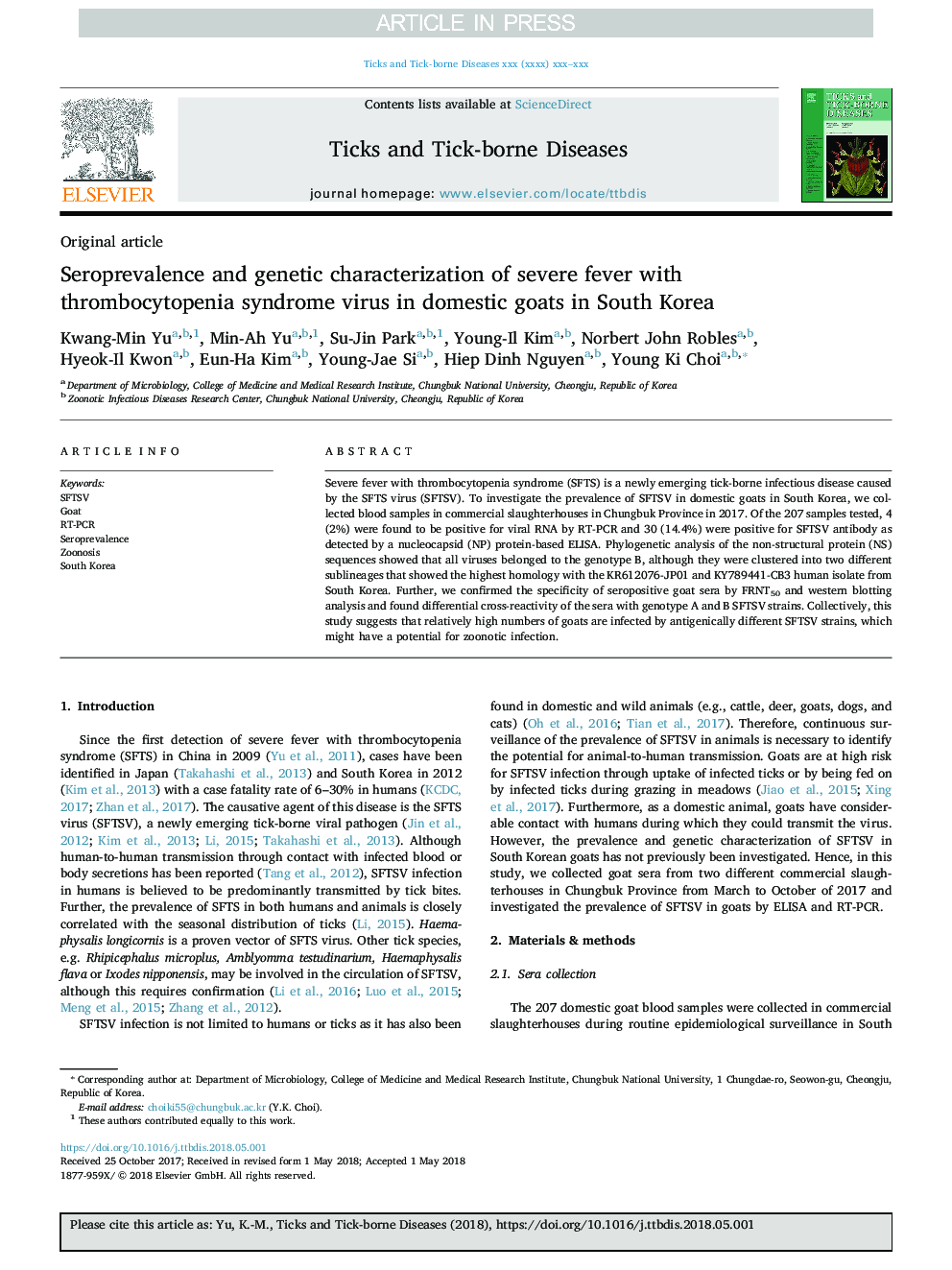 Seroprevalence and genetic characterization of severe fever with thrombocytopenia syndrome virus in domestic goats in South Korea