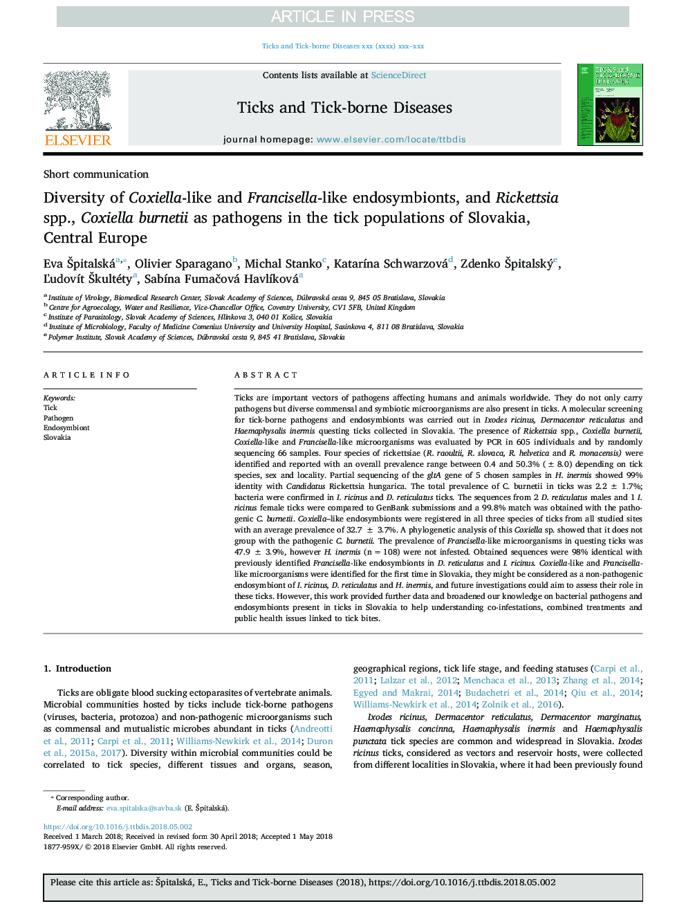 Diversity of Coxiella-like and Francisella-like endosymbionts, and Rickettsia spp., Coxiella burnetii as pathogens in the tick populations of Slovakia, Central Europe