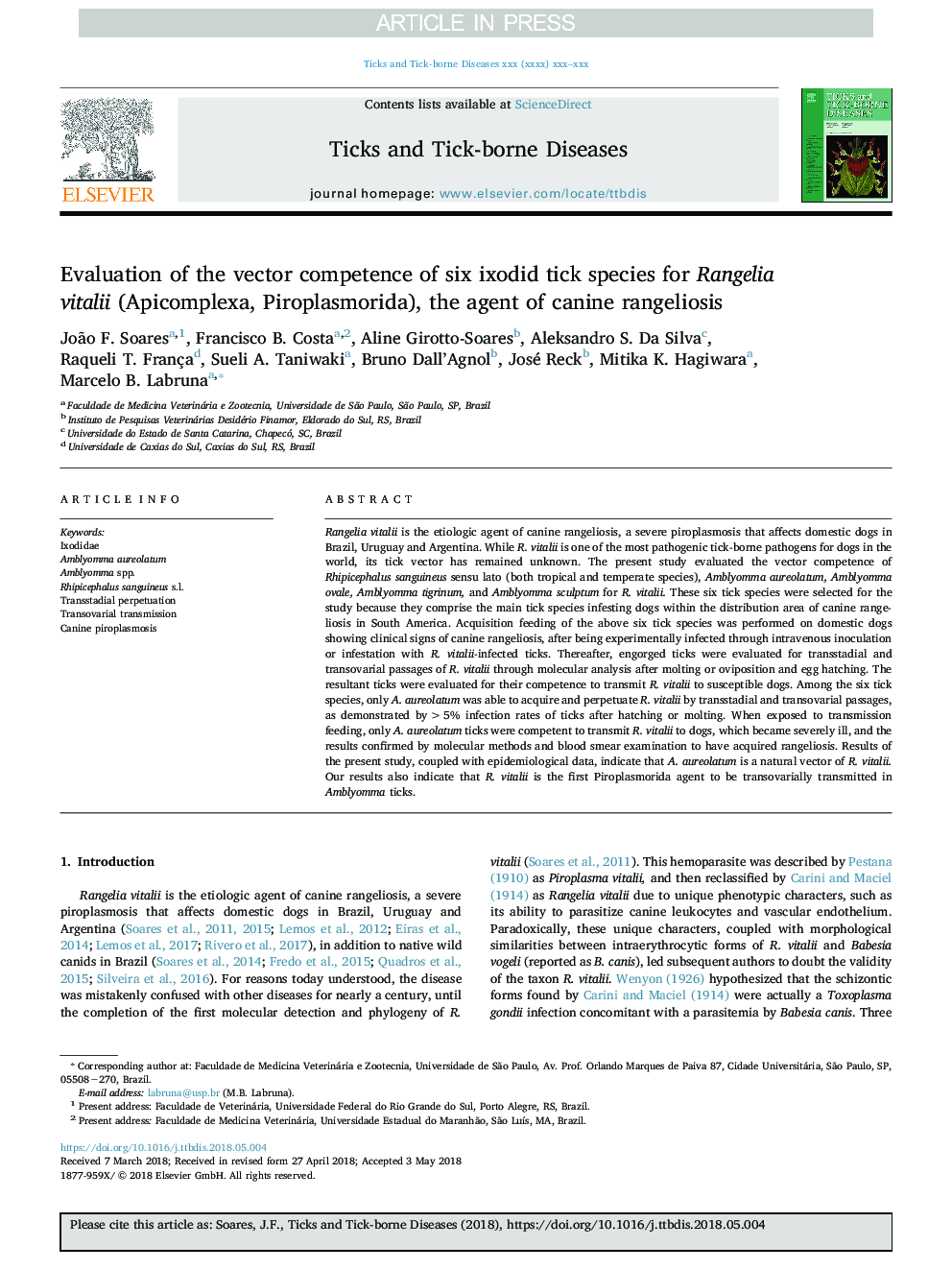 Evaluation of the vector competence of six ixodid tick species for Rangelia vitalii (Apicomplexa, Piroplasmorida), the agent of canine rangeliosis