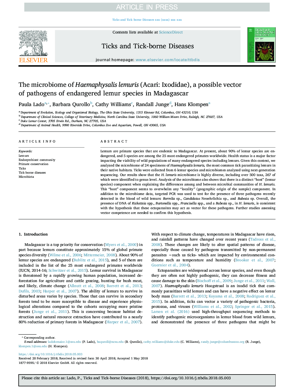 The microbiome of Haemaphysalis lemuris (Acari: Ixodidae), a possible vector of pathogens of endangered lemur species in Madagascar