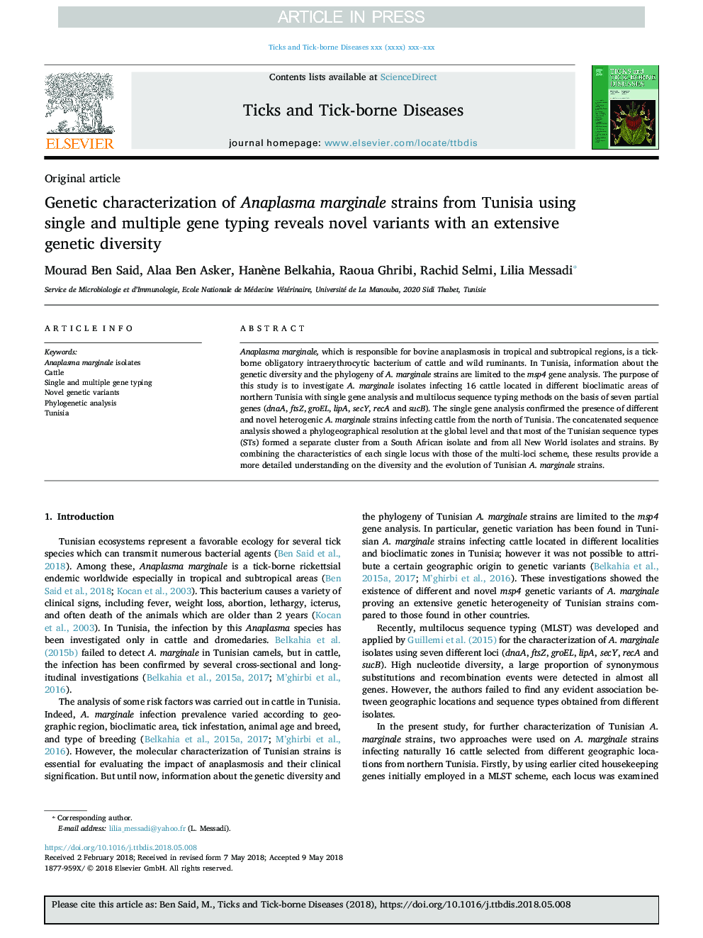 Genetic characterization of Anaplasma marginale strains from Tunisia using single and multiple gene typing reveals novel variants with an extensive genetic diversity