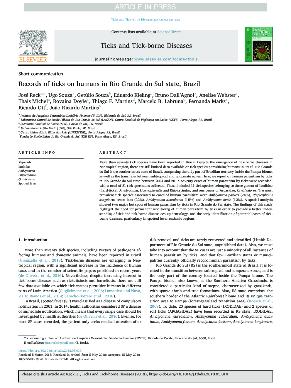 Records of ticks on humans in Rio Grande do Sul state, Brazil