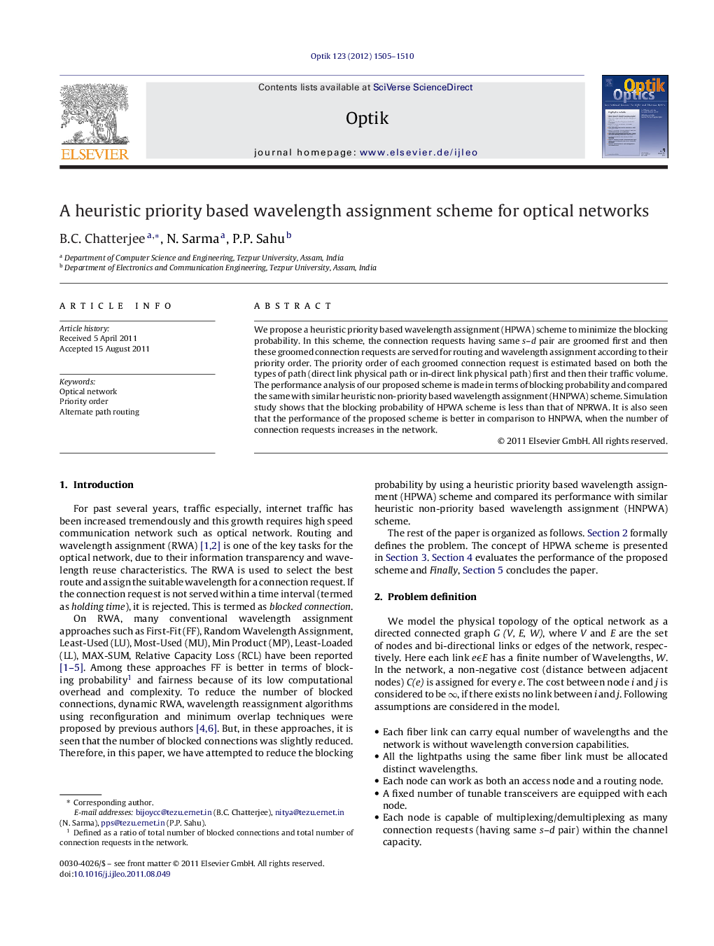 A heuristic priority based wavelength assignment scheme for optical networks