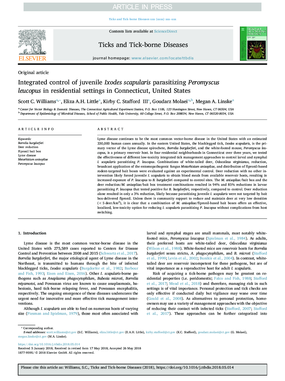 Integrated control of juvenile Ixodes scapularis parasitizing Peromyscus leucopus in residential settings in Connecticut, United States