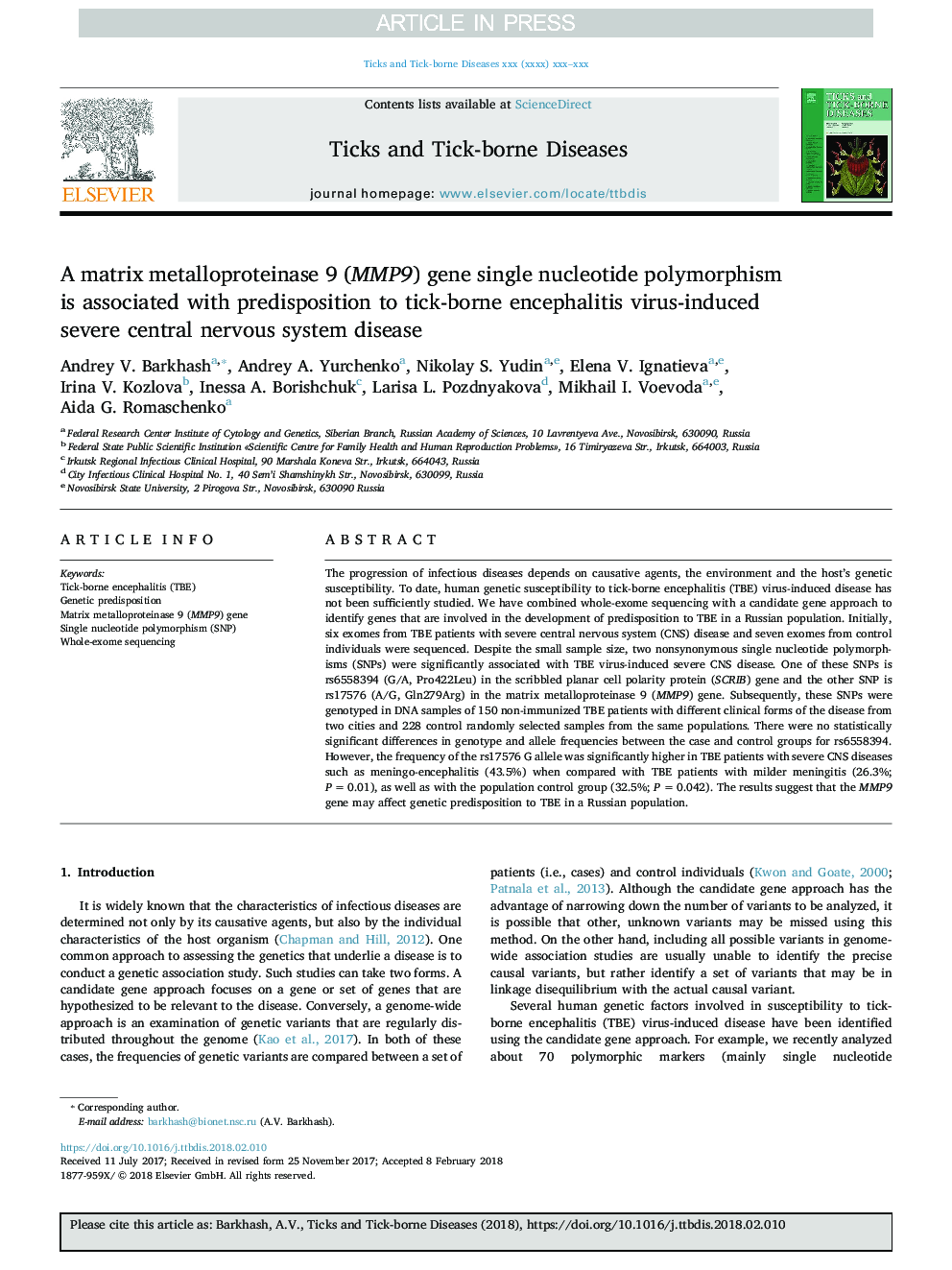 A matrix metalloproteinase 9 (MMP9) gene single nucleotide polymorphism is associated with predisposition to tick-borne encephalitis virus-induced severe central nervous system disease