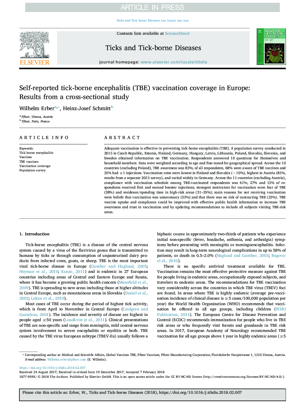 Self-reported tick-borne encephalitis (TBE) vaccination coverage in Europe: Results from a cross-sectional study