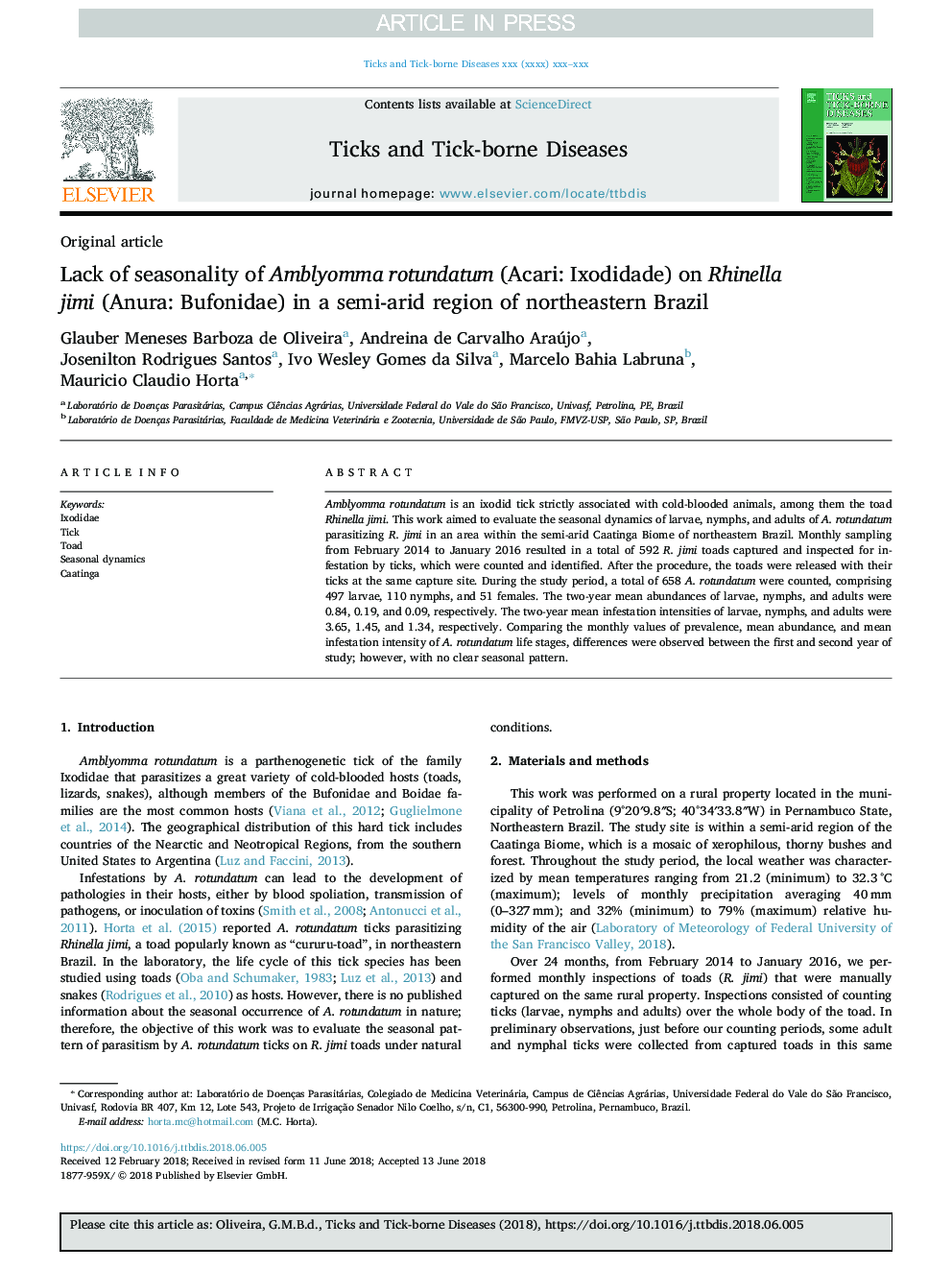 Lack of seasonality of Amblyomma rotundatum (Acari: Ixodidade) on Rhinella jimi (Anura: Bufonidae) in a semi-arid region of northeastern Brazil