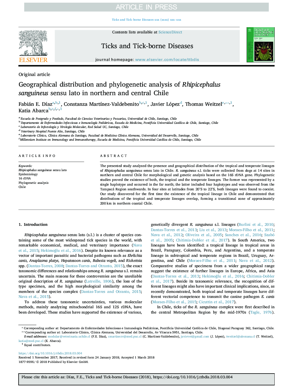 Geographical distribution and phylogenetic analysis of Rhipicephalus sanguineus sensu lato in northern and central Chile