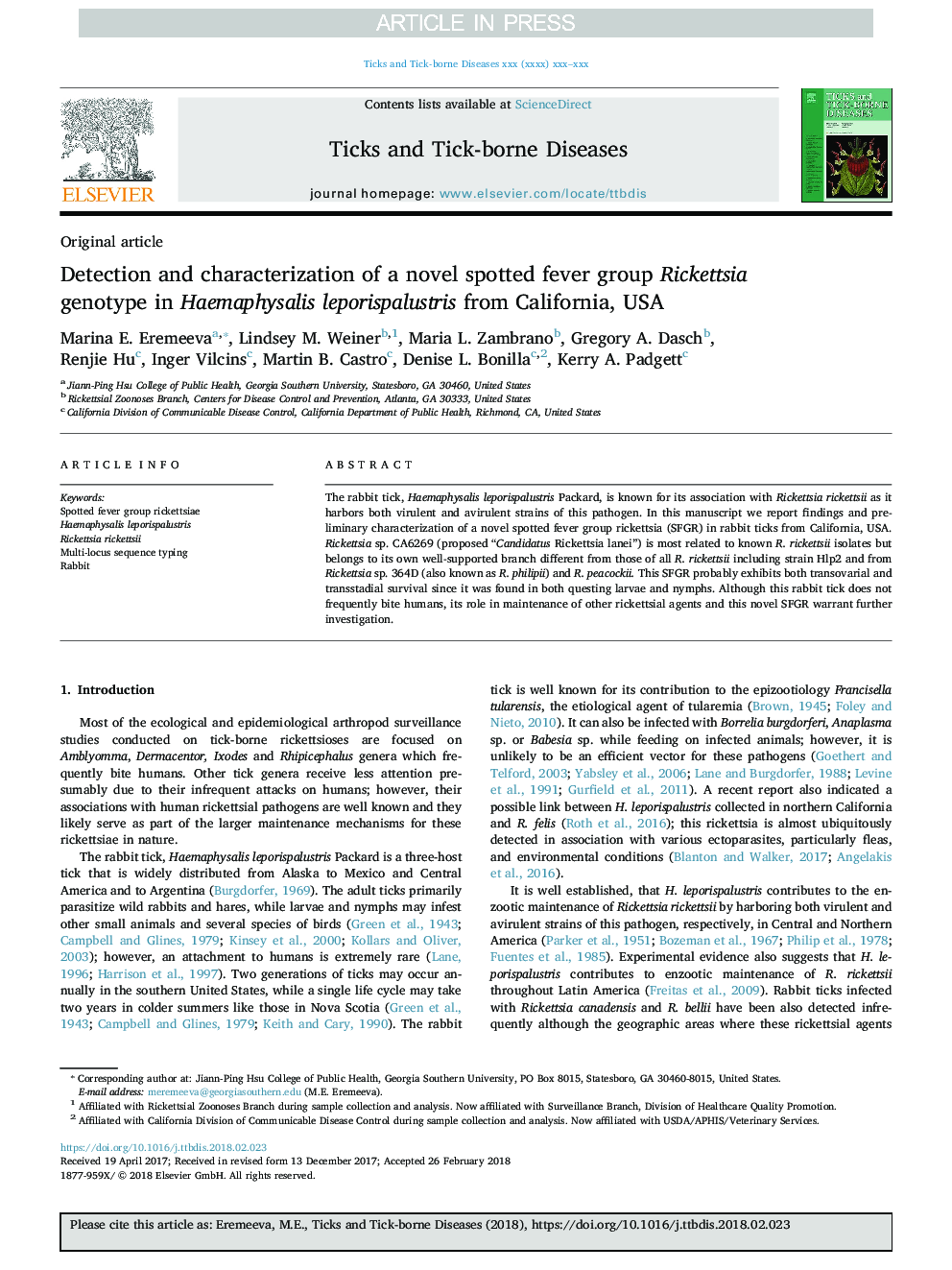 Detection and characterization of a novel spotted fever group Rickettsia genotype in Haemaphysalis leporispalustris from California, USA