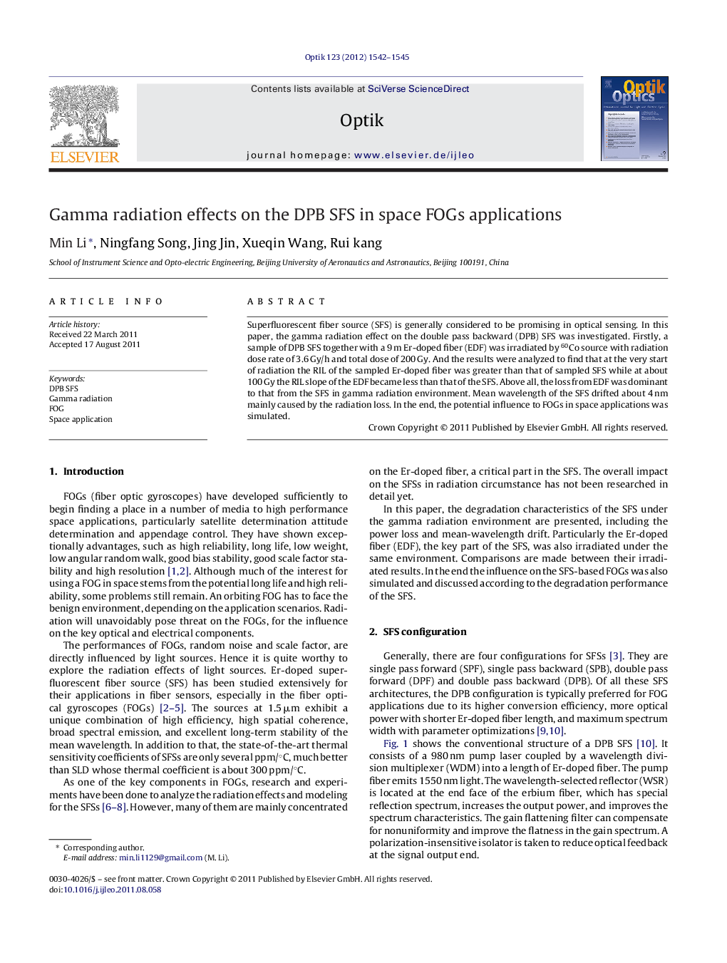 Gamma radiation effects on the DPB SFS in space FOGs applications