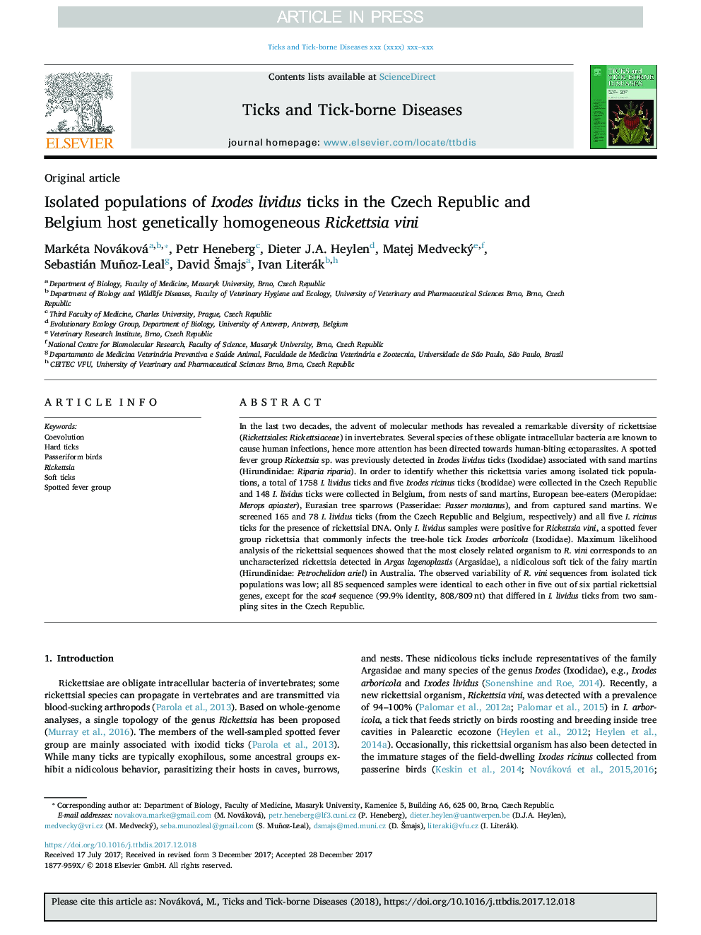 Isolated populations of Ixodes lividus ticks in the Czech Republic and Belgium host genetically homogeneous Rickettsia vini