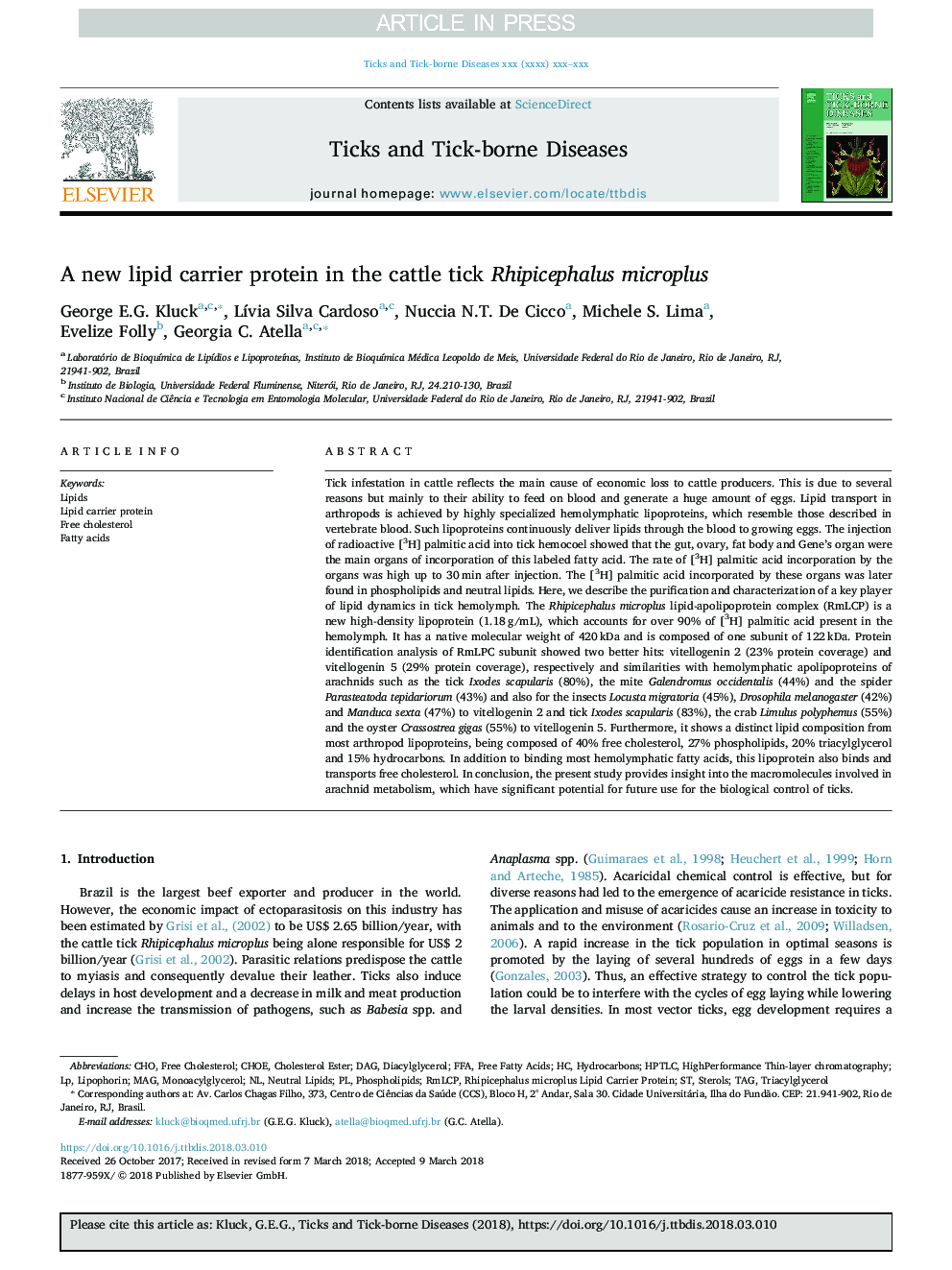 A new lipid carrier protein in the cattle tick Rhipicephalus microplus