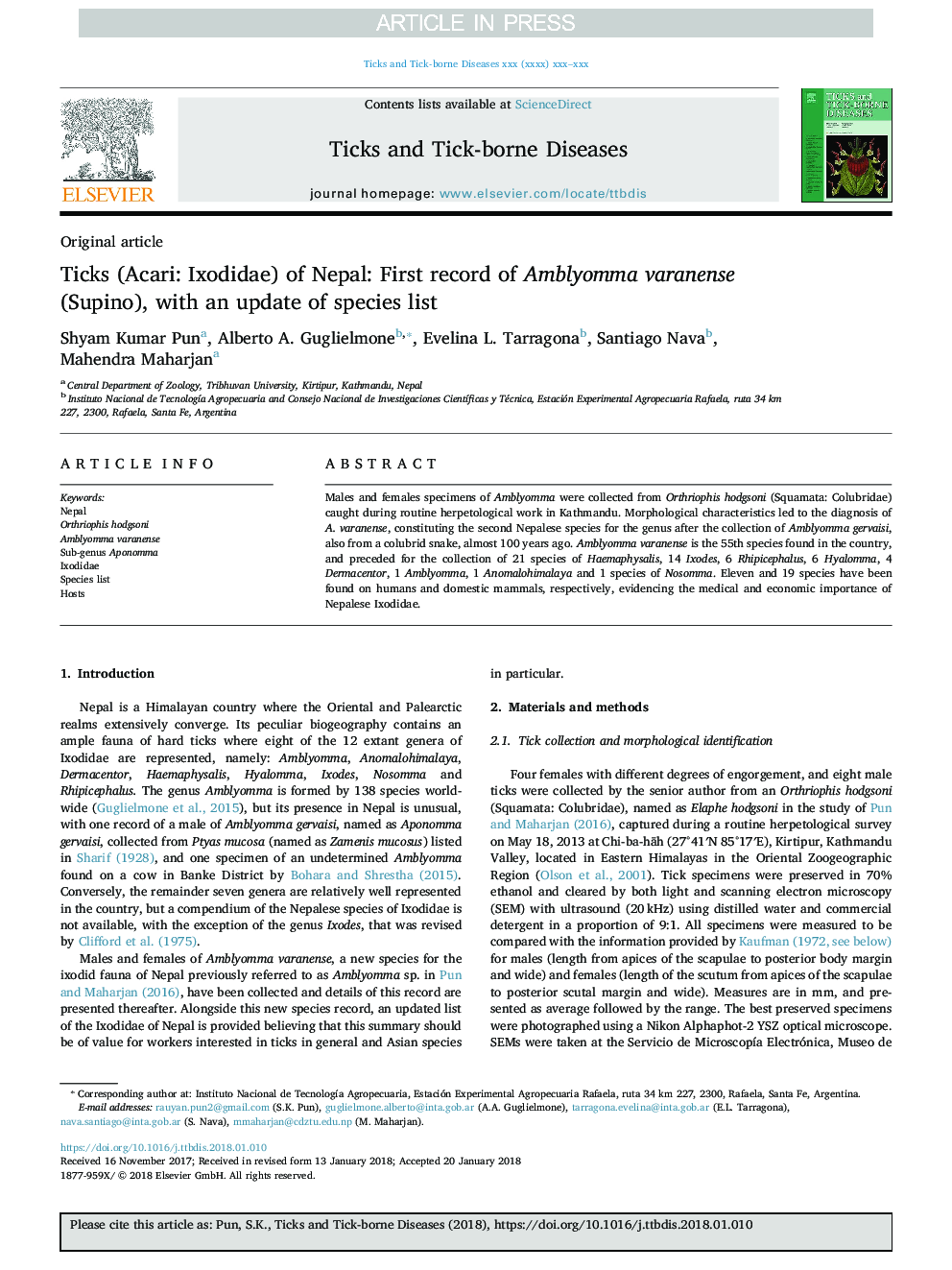 Ticks (Acari: Ixodidae) of Nepal: First record of Amblyomma varanense (Supino), with an update of species list