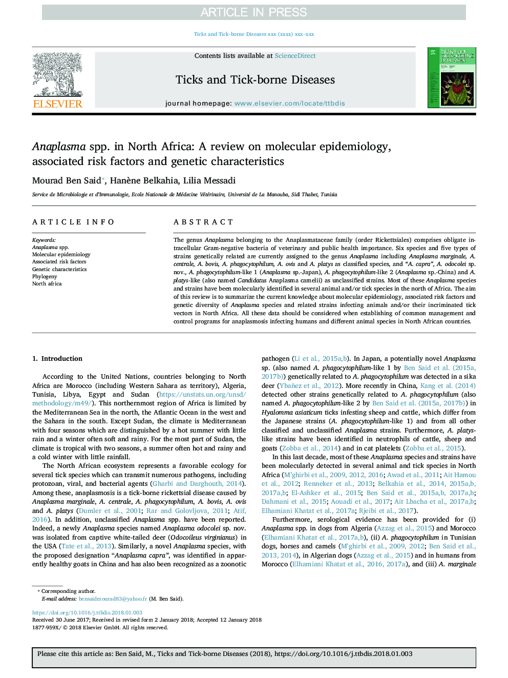 Anaplasma spp. in North Africa: A review on molecular epidemiology, associated risk factors and genetic characteristics